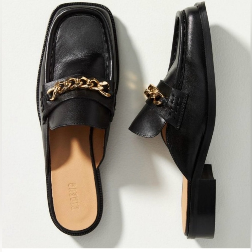 Anthropologie Maeve Shoes Loafers Black Leather Flats Gold Chain Women 37 US 6.5